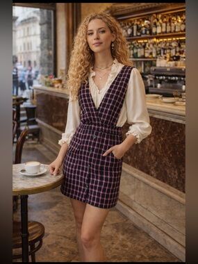 Maje NWT Ritrite Black and Pink Plaid Pinafore Dress size XS (36EU).